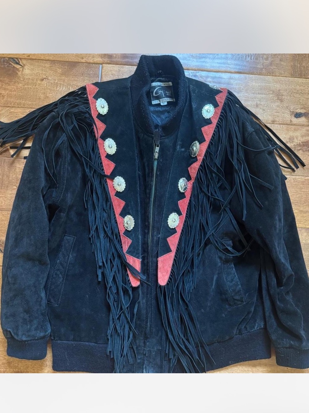 American Vintage Black Suede Fringe Jacket with Red Trim